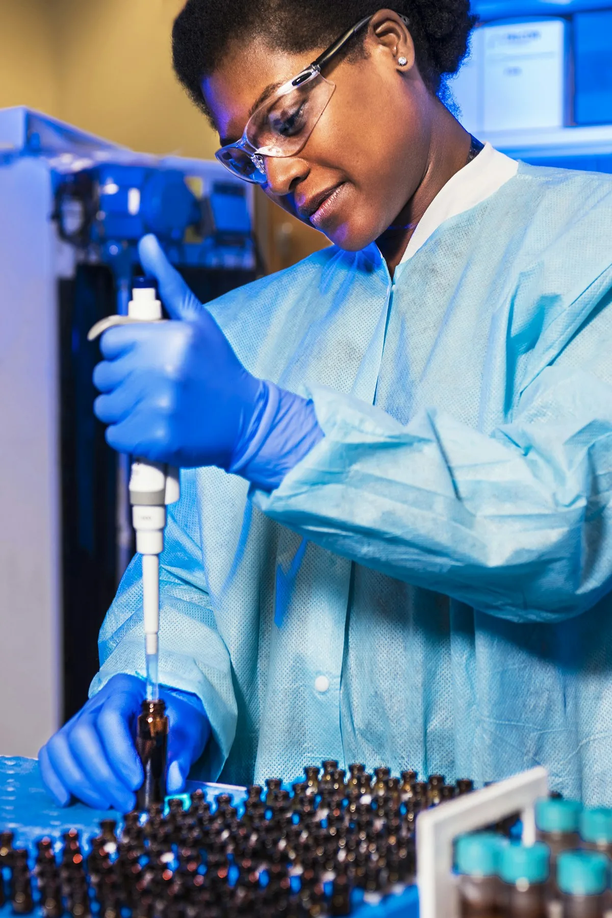 Amber ingredient bottle in a laboratory